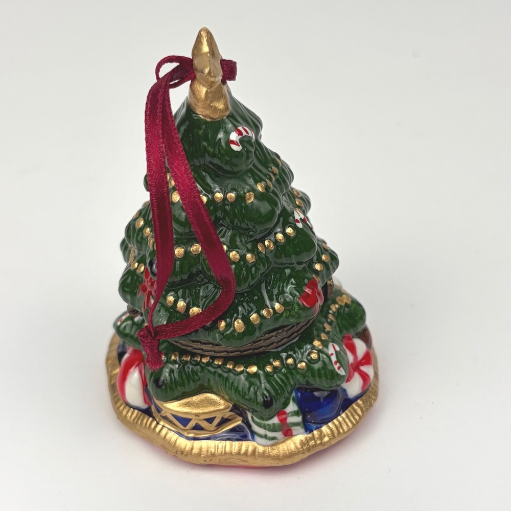 Ceramic Christmas Tree Trinket Box Ornament Green Gold Hand Painted Hinge Box
